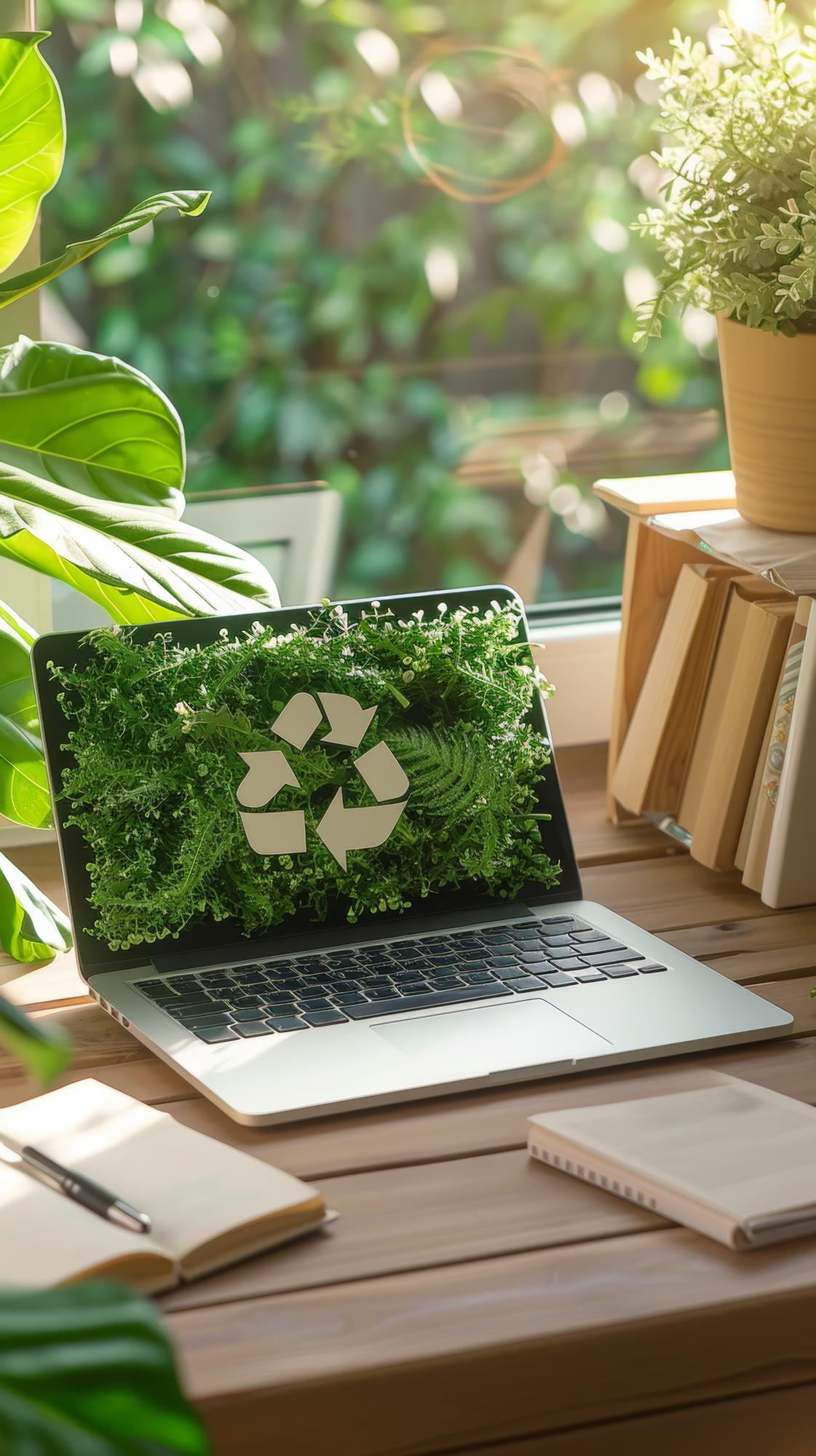 Ein Laptop mit einem Bildschirm, der Grünflächen und ein Recycling-Symbol zeigt, in einem hellen, pflanzengefüllten Arbeitsplatz.