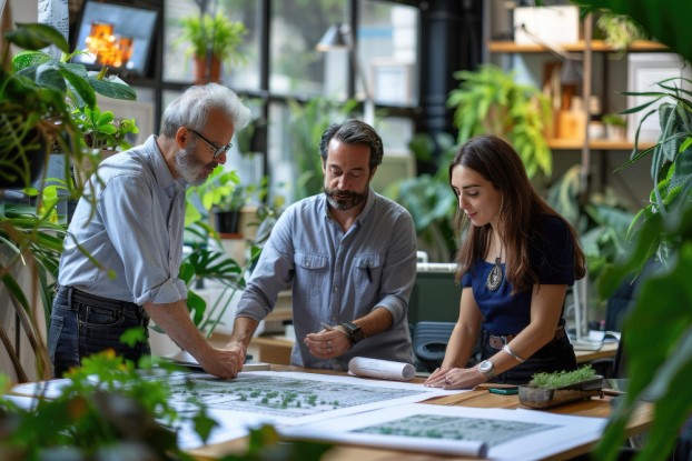 Ein Team von Designern arbeitet in einem modernen, grünen Büro an nachhaltigen Projekten.